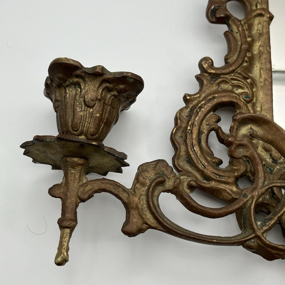 Vtg Candle Sconce / Brass With Mirror / 2 Arms / 1940s / Swedish Rococo Revival - Picture 7 of 16